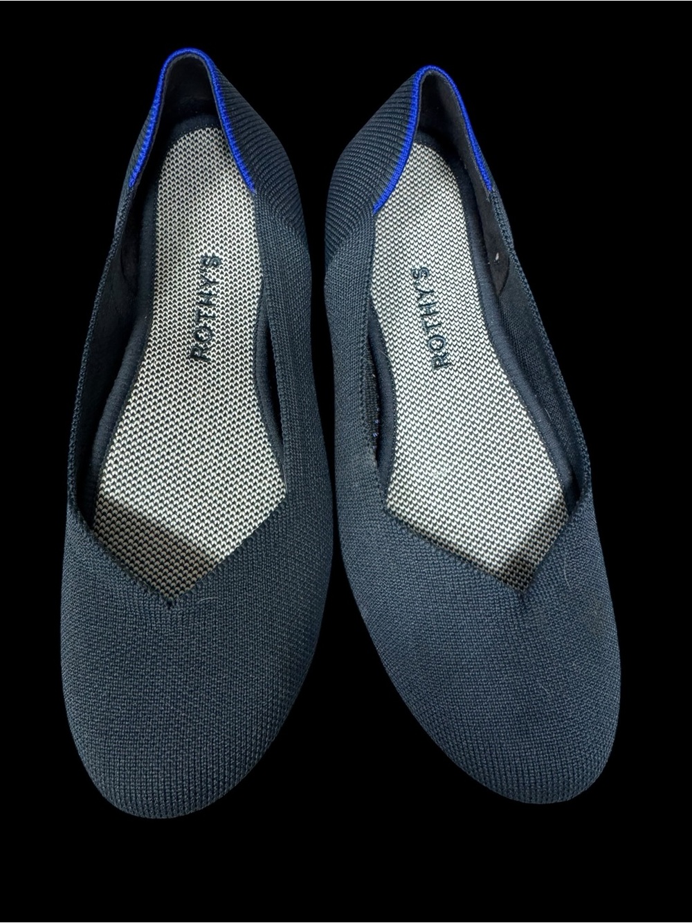 Rothy's Black Knit Slip-On Flats with Blue Trim
